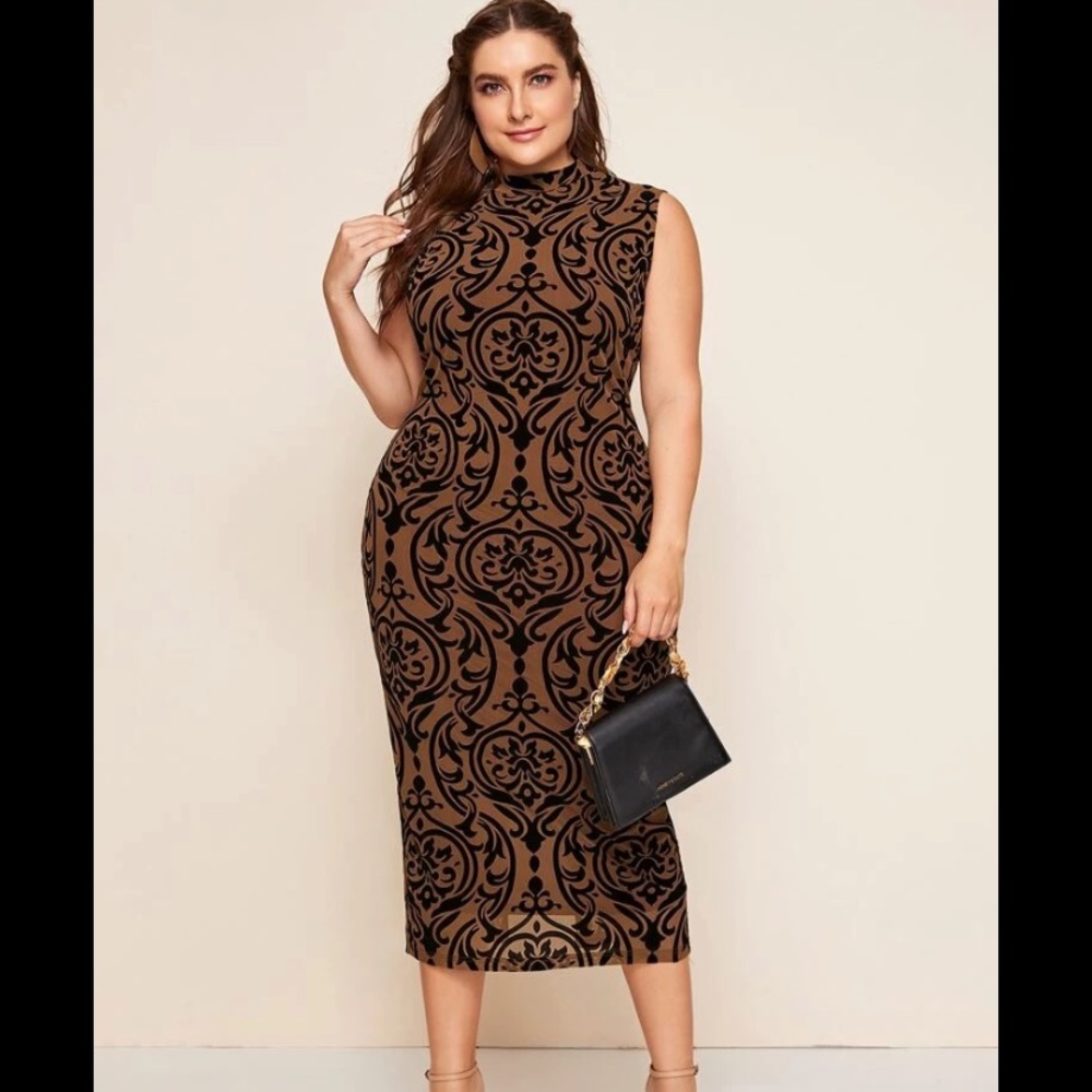 Tan/Black Printed Midi Dress